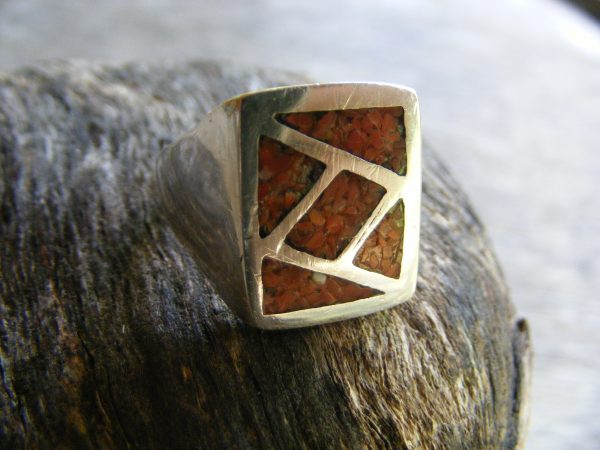 Red Coral Chip Inlay Ring